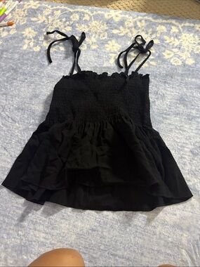 SHEIN Black Smocked Tie-Strap Peplum Tank Top